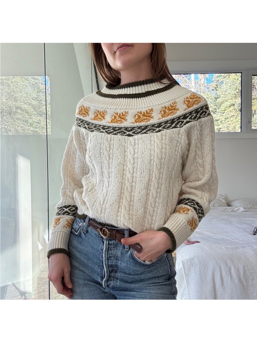 Vintage Cream Cable Knit Sweater with Mustard and Olive Yoke